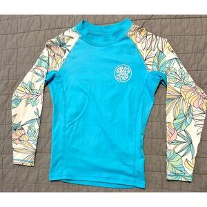 Surf Diva Girl's Long Sleeve Rashguard Swim Top Blue with Tropical Pattern Small